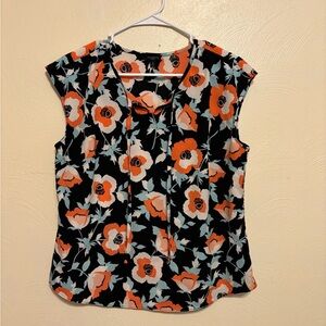 Talbots Petites Floral Mandarin Pleated Blouse | Size 12P | Orange Blue Black